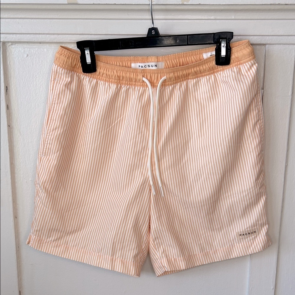 NWT PacSun Men's Yellow Striped Swim Trunks 6.5” Size Small